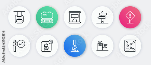 Set line Arrow for switching the railway, Exclamation mark square, Toilet, Turnstile, Road traffic sign, Ticket office to buy tickets, Railway map and Online booking icon. Vector