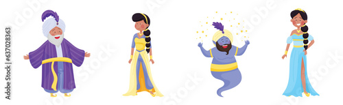 Man Sultan in Turban and Woman Princess from Arabian Fairy Tale Character Vector Set