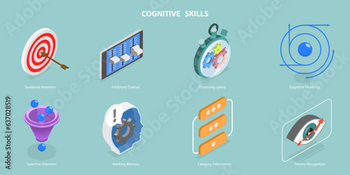 3D Isometric Flat Vector Conceptual Illustration of Cognitive Skills, Personality Strengths and Characteristics