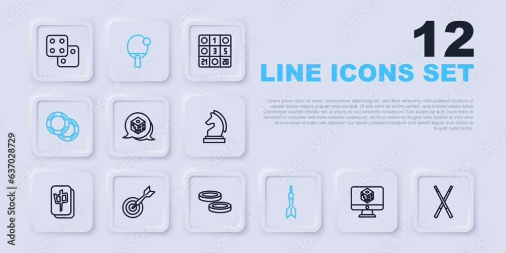 Set line Game dice, Crossed billiard cues, Dart arrow, Casino chips, Classic dart board and, Racket and Checker game icon. Vector Set line Game dice, Crossed billiard cues, Dart arrow, Casino chips, Classic dart board and, Racket and Checker game icon. Vector