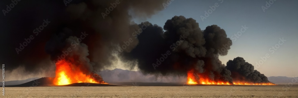 Air-force military bombing exercise. Nature pollution after burning rubber tires of car wheels, which caused black smoke to fly in the sky and mix with clouds. Smoke and fire on the ground Banner