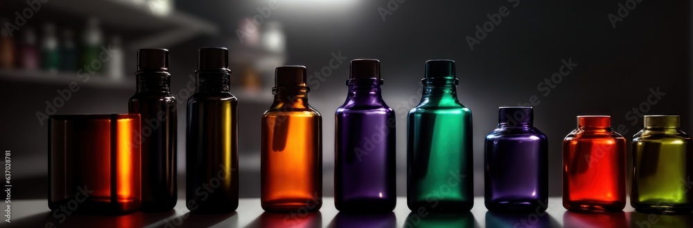Various pills bottles macro close up shot. Production of medicines bottles. Pharmaceutical concept of healthcare, pharma industry, medication and drugs production. Medical research and trials. Banner Various pills bottles macro close up shot. Production of medicines bottles. Pharmaceutical concept of healthcare, pharma industry, medication and drugs production. Medical research and trials. Banner