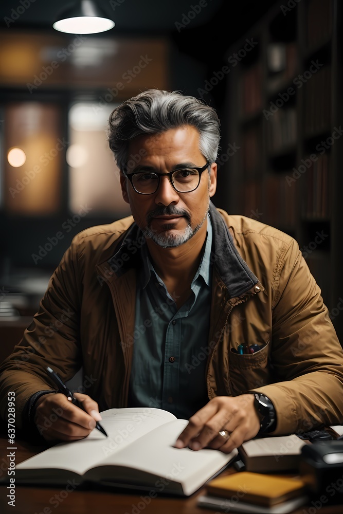 A man engrossed in reading and writing at a table