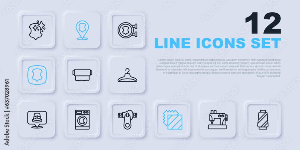 Set line Sewing machine, thread on spool, Textile fabric roll, Layers clothing textile, Leather, Washer, and Zipper icon. Vector Set line Sewing machine, thread on spool, Textile fabric roll, Layers clothing textile, Leather, Washer, and Zipper icon. Vector