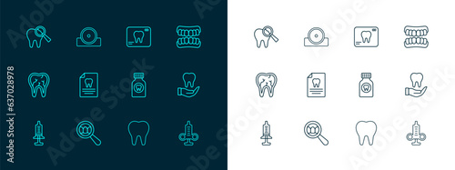 Set line Dentures model, Dental search, Toothache painkiller tablet, Clipboard with dental card, X-ray of tooth, Broken and Otolaryngological head reflector icon. Vector