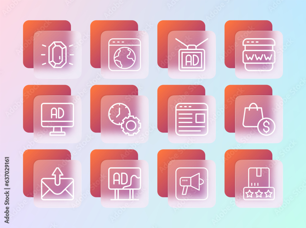 Set line Browser window, Advertising, Megaphone, Time management, Diamond and Worldwide icon. Vector Set line Browser window, Advertising, Megaphone, Time management, Diamond and Worldwide icon. Vector