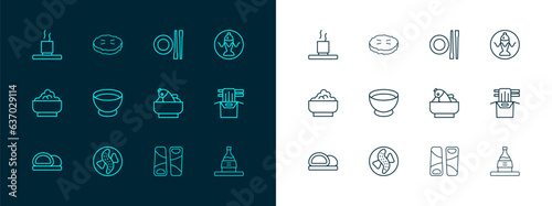 Set line Served fish on a plate, cucumber, Rice with in bowl, Guotie, Soy sauce, Food chopsticks, Cup of tea and Homemade pie icon. Vector