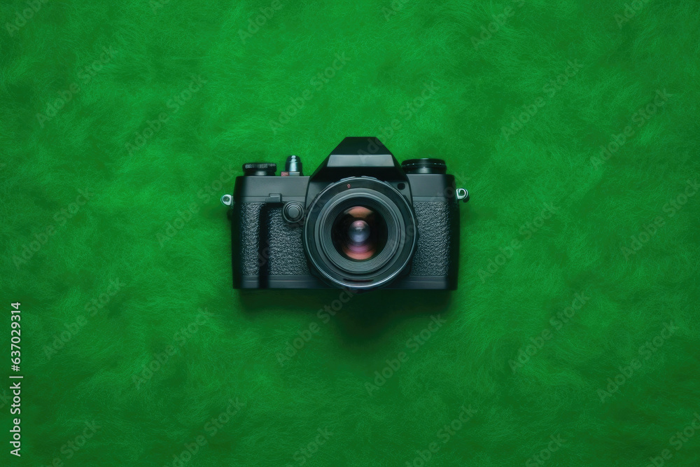 Top View of Sleek Black Camera on Vibrant Green Background