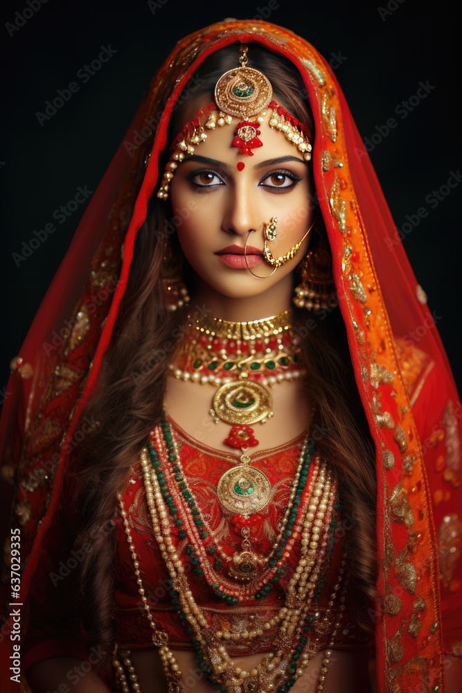 Portrait of beautiful indian girl. Young hindu woman model with golden kundan jewelry set . Traditional Indian costume lehenga choli 