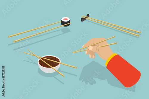 3D Isometric Flat Vector Conceptual Illustration of How To Use Chopsticks, Oriental Cuisine