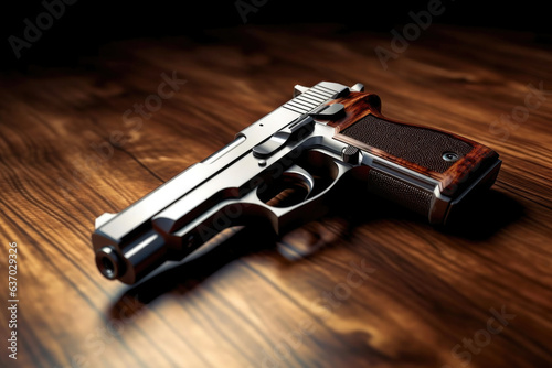 Classic Handgun Resting on a Rustic Wooden Table