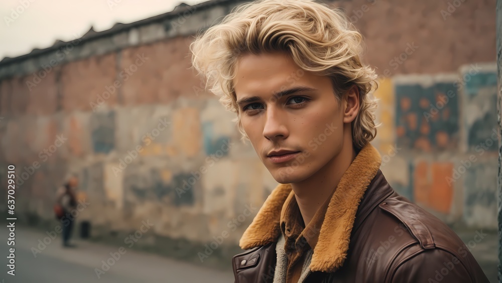 Fototapeta premium A man with blonde hair and a brown jacket