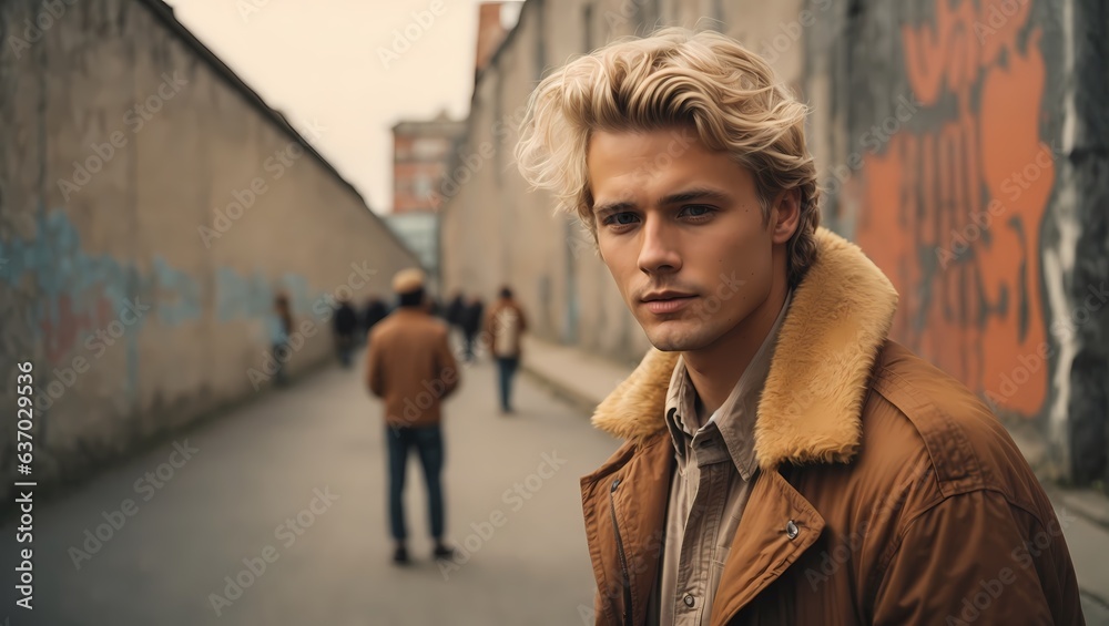 Obraz premium A man with blonde hair wearing a brown jacket