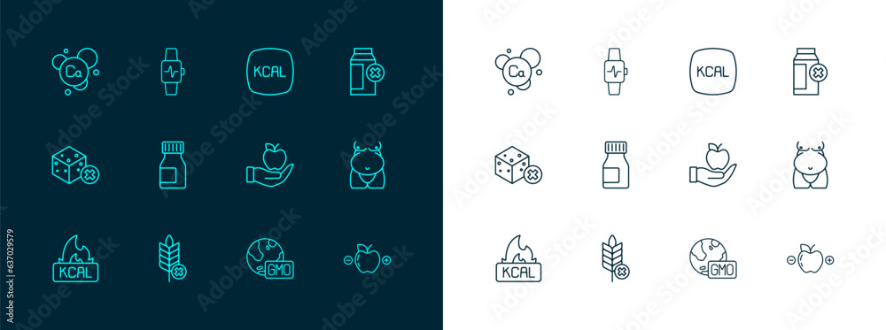 Set line Lactose intolerance, Gluten free grain, Apple, GMO, Vitamins, Kcal, Calcium and Smart watch with heart icon. Vector Set line Lactose intolerance, Gluten free grain, Apple, GMO, Vitamins, Kcal, Calcium and Smart watch with heart icon. Vector
