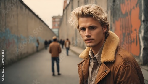 A man with blonde hair wearing a brown jacket