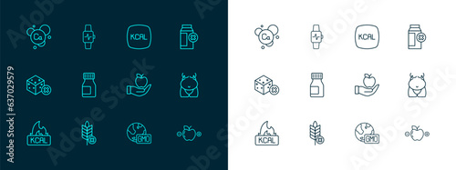Set line Lactose intolerance, Gluten free grain, Apple, GMO, Vitamins, Kcal, Calcium and Smart watch with heart icon. Vector