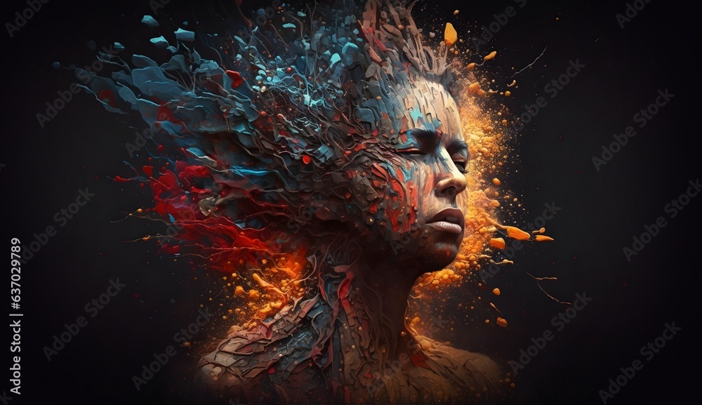 Female energy young girl portrait, face woman stylish with splash colorful paint Female energy young girl portrait, face woman stylish with splash colorful paint
