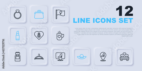 Set line Woman shoe, Bedroom, Heart with 8 March, Elegant women hat, Lipstick, Hanger wardrobe, Handbag and icon. Vector