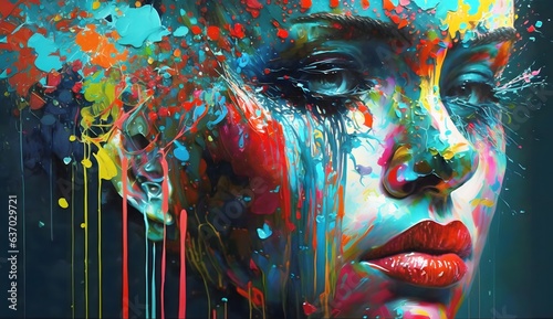 Female energy young girl portrait, face woman stylish with splash colorful paint