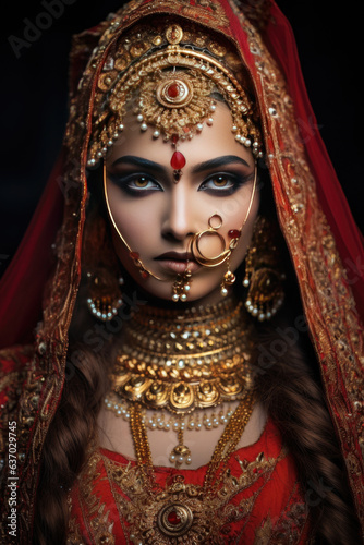 Portrait of beautiful indian girl. Young hindu woman model with golden kundan jewelry set . Traditional Indian costume lehenga choli 