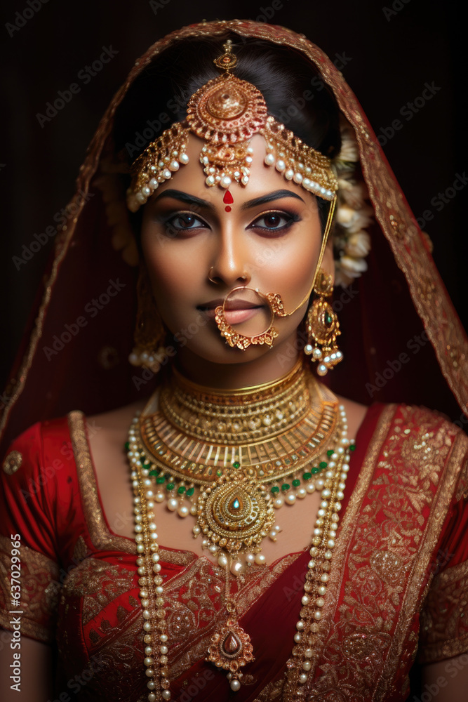 Portrait of beautiful indian girl. Young hindu woman model with golden kundan jewelry set . Traditional Indian costume lehenga choli 