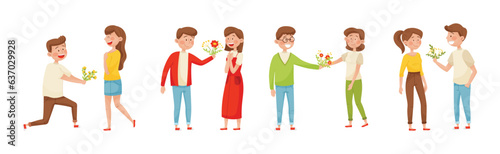 Young Man Giving Bouquet of Flowers to Happy Woman Vector Set