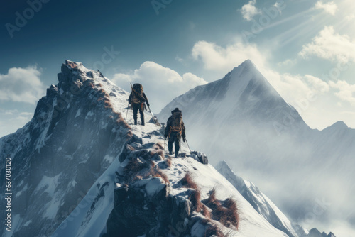 Two climbers ascend mountain peak. Back view of alpinists climbing snow covered mountains. Travelers during outdoor activities