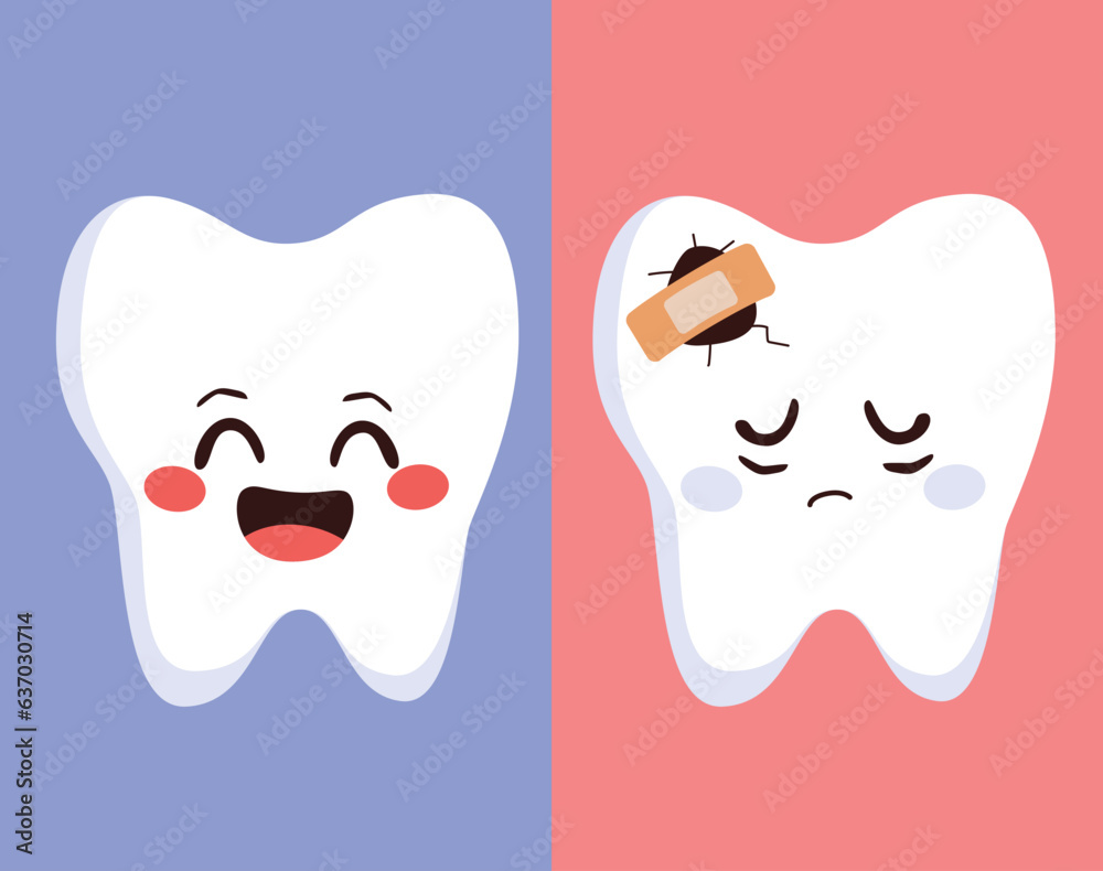 Vector illustration of healthy teeth and tooth character with cracked ...