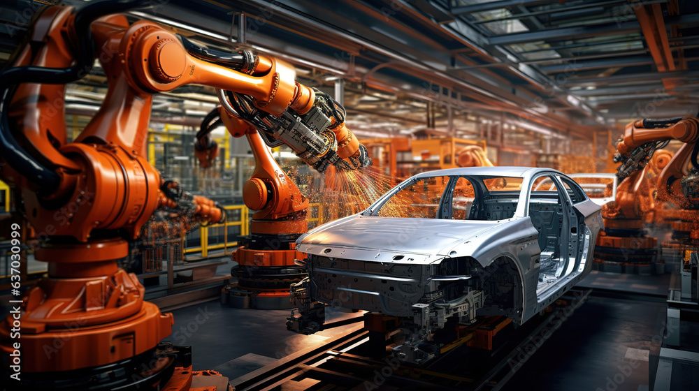 Naklejka premium Robotic assembly line in an automotive factory