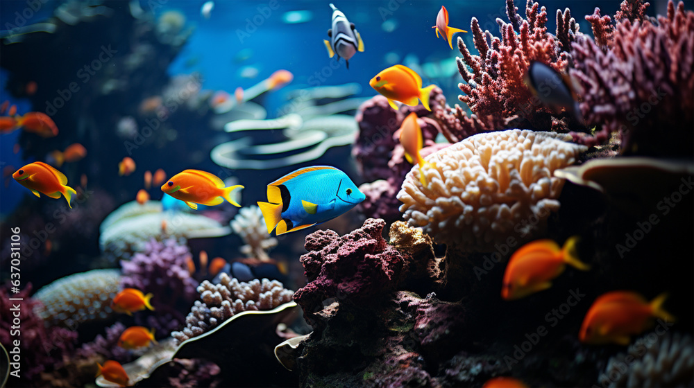Fototapeta premium Immersive Hand-Drawn Aquarium Wonderland: A Spectacle of Colorful Tropical Fish and Lively Coral Reefs
