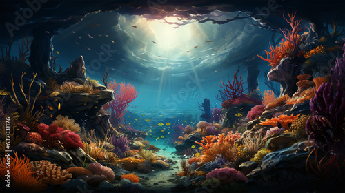Immersive Hand-Drawn Aquarium Wonderland: A Spectacle of Colorful Tropical Fish and Lively Coral Reefs © Wouter