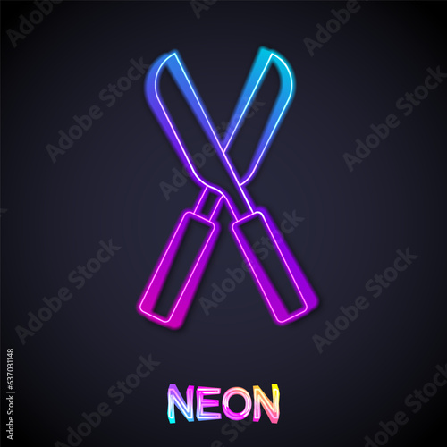 Glowing neon line Gardening handmade scissors for trimming icon isolated on black background. Pruning shears with wooden handles. Vector