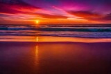 Breathtaking sunset over an expansive beach, with vibrant hues of orange, pink, and purple - AI Generative