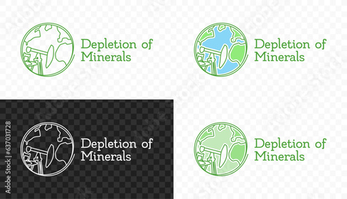 Depletion of minerals and natural resources vector design. Oil drill rig and pump jack and Earth globe with continents logo design