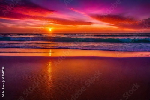 Breathtaking sunset over an expansive beach  with vibrant hues of orange  pink  and purple - AI Generative