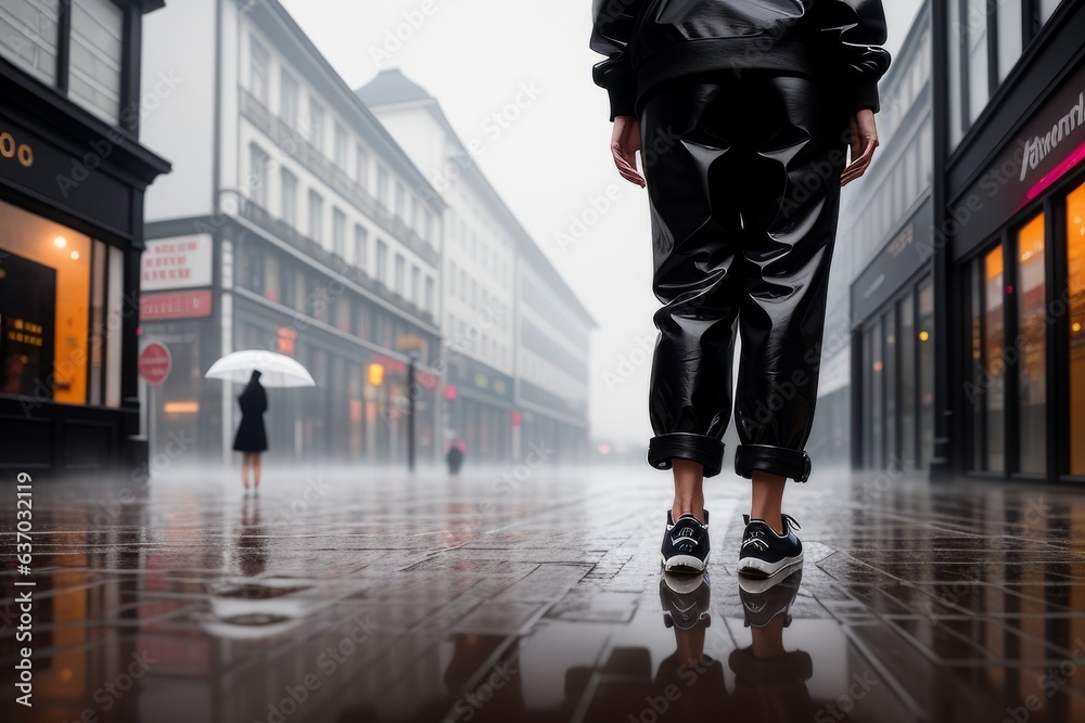 Obraz premium Back view. Close up view of girl legs in sneakers standing in the deep puddle on a wet pavement on the street, reflection on water. Concept of autumn weather, casual lifestyle. Generative AI