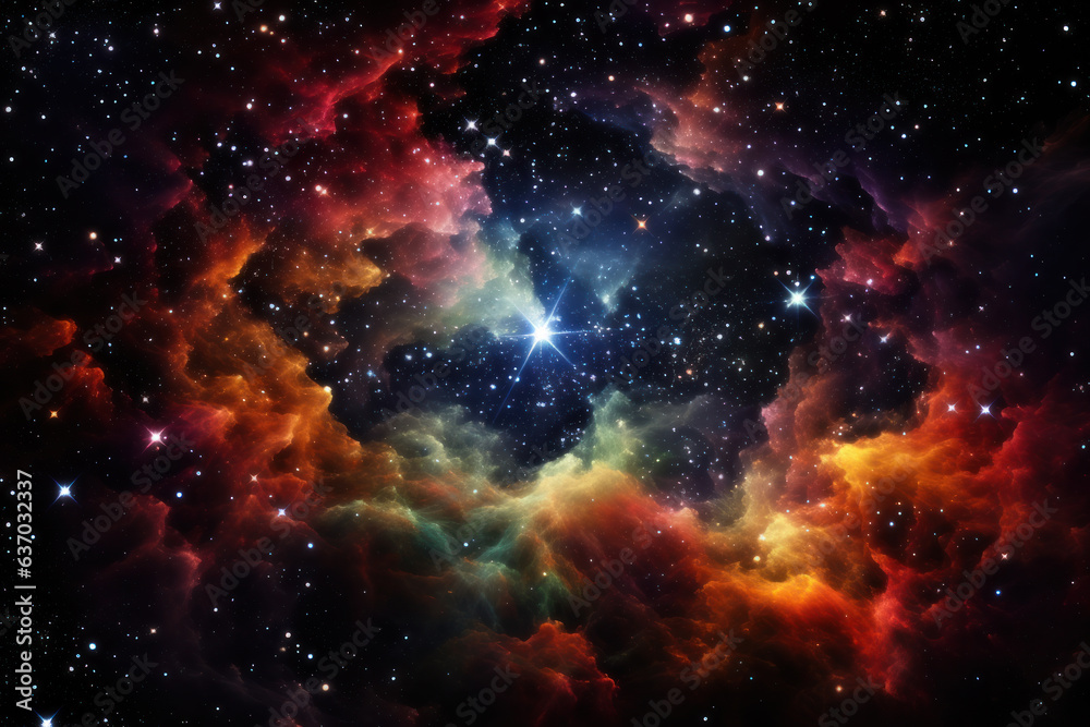 Vibrant cosmic panorama featuring nebulous formations and distant star clusters. Abstract background