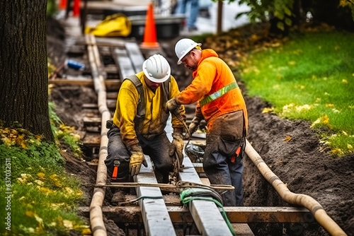 Dramatic autumn scene capturing two professionals fixing a public electric line in a trench, setting enhanced by rainfall and cool colors.