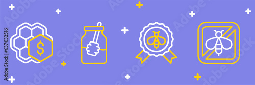 Set line Stop bee, Best, Jar of honey and dipper stick and Sale honeycomb icon. Vector