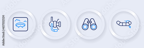 Set line Inflatable boat with motor, Binoculars, Spinning reel for fishing and Winter icon. Vector