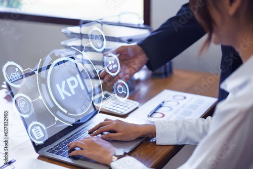 KPI acronym Key Performance Indicator For business planning and measure success, target achievement on Virtual Screen of laptop.