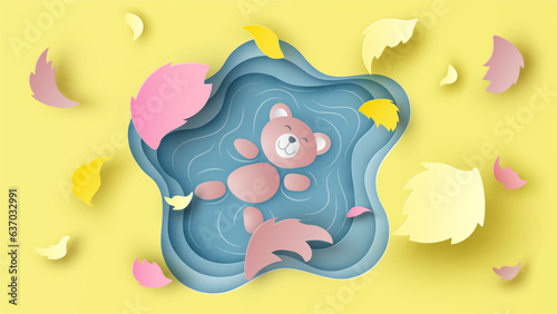 Top view of cute bear are floating in the pool on Autumn. Bear relax in Autumn. Cute bear. paper cut and craft style. vector, illustration.