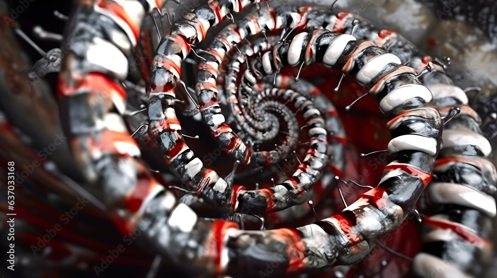 Fototapeta premium Red horror vortex, wet slime saliva bio liquid, black abstract terrible background