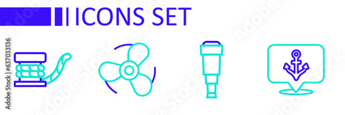 Set line Anchor, Spyglass telescope lens, Boat propeller and Marine bollard with icon. Vector