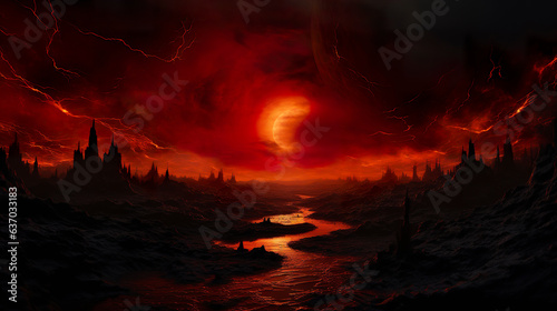 Illustration of a dramatic pole shift turns the sky a captivating and mysterious shade of red. Completely red sky in transformation of the planet.