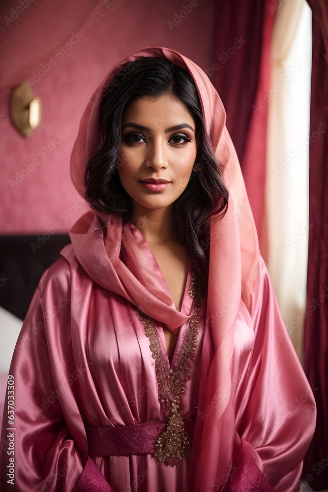 A woman wearing a pink dress and shawl A woman wearing a pink dress and shawl