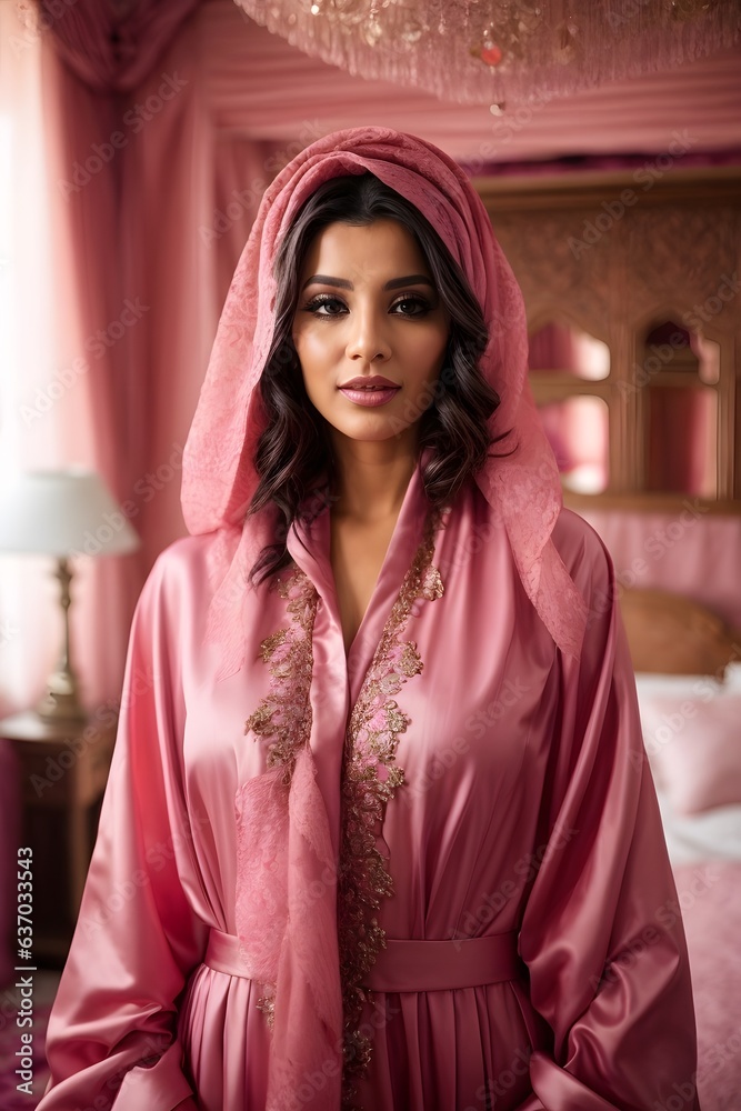 A woman in a pink robe standing in a pink room A woman in a pink robe standing in a pink room