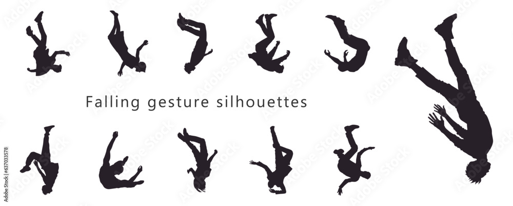 set of falling people silhouettes. vector silhouettes of people falling from a great height. falling male silhouette