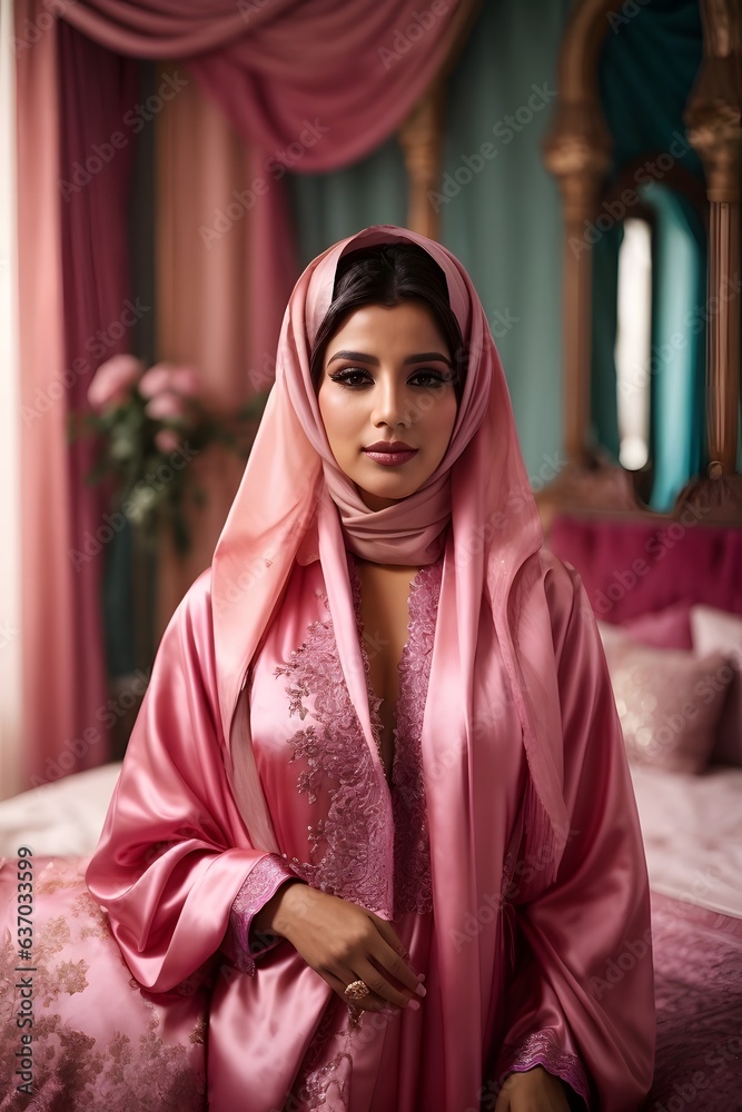 A woman sitting on a bed in a pink robe