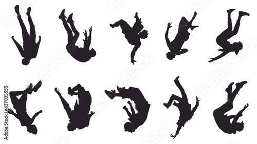 set of falling people silhouettes. vector silhouettes of people falling from a great height. falling male silhouette photo